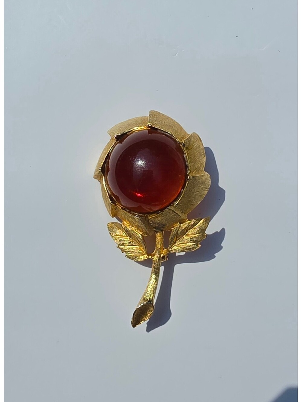 Vintage 1960s Gold Tone Flower Red Amber Color Floral Pin